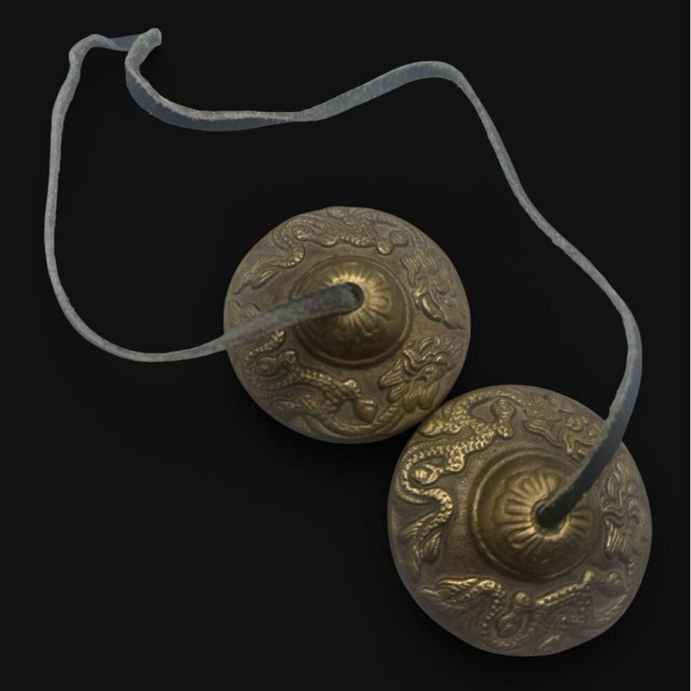Vintage Tibetan Brass Tingsha Cymbals Embossed Dragon Meditation Bells